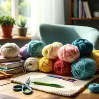 An assortment of brightly colored skeins of yarn, crochet hooks, a finished placemat, and a plant on a window shelf in the background.